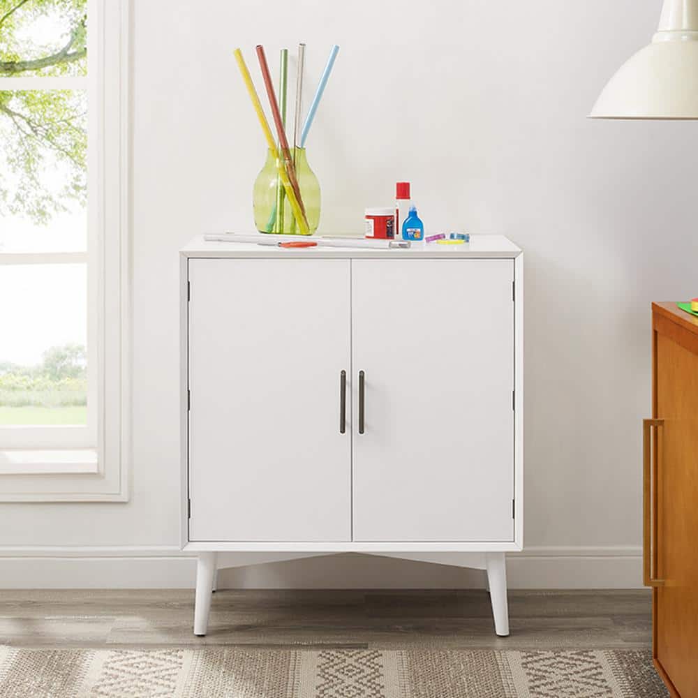 Landon Mid-Century White Bar Cabinet with Antique Brass Handles