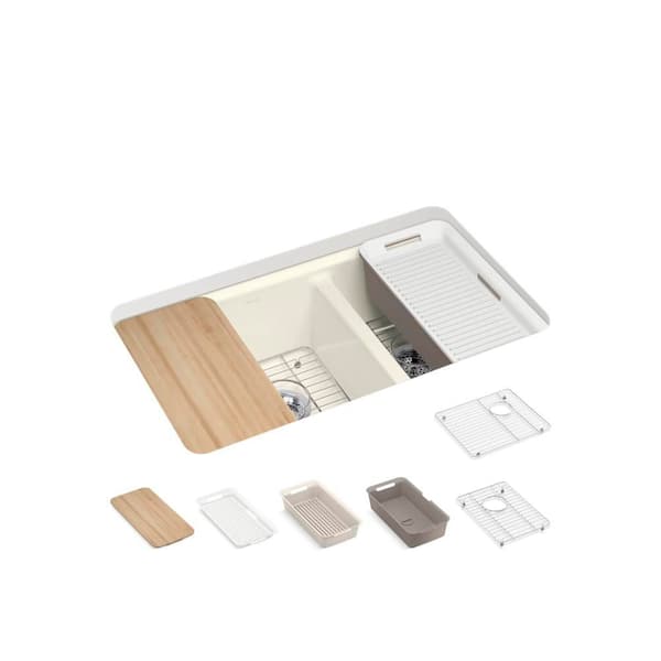 Riverby 33 in. Undermount Double-Bowl Workstation Cast Iron Kitchen Sink In Biscuit