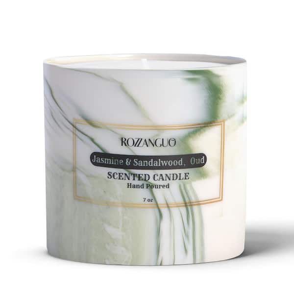 Green Jasmine and Sandalwood Oud Scented Soy and Coconut Wax Blend Single Wick Hand Poured Ceramic Jar Candle