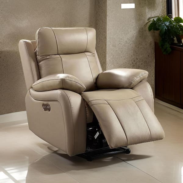 Benjara Light Brown Leather Power Recliner with Lumbar Padding and USB Port
