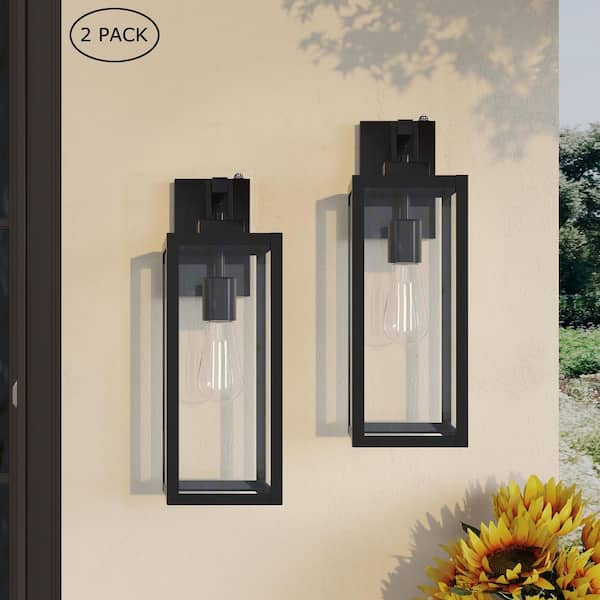 Bonanza 18 in. 1-Light Matte Black Outdoor Wall Lantern Sconce with Dusk to Dawn (2-Pack)