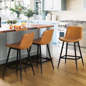 35 in. Whiskey Brown 24 in. Low Back Metal Frame Counter Height Bar Stool with Faux Leather Seat (Set of 3)
