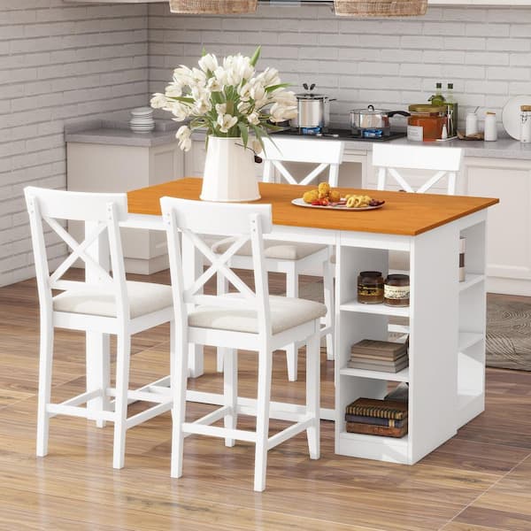 Polibi 5-Piece Farmhouse Natural/White Wood Top Dining Room Set Seats 4