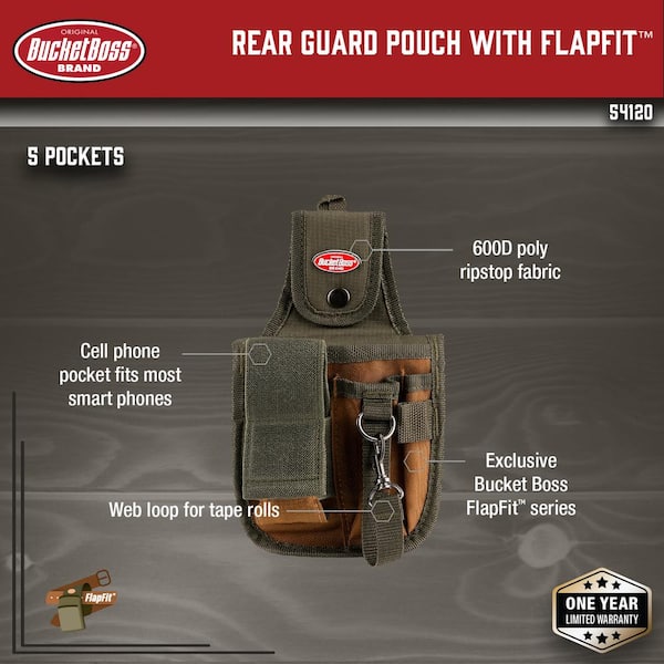 6 in. 5-Pocket Rear Guard Tool Belt Pouch with Flap Fit and Cell Phone Holder