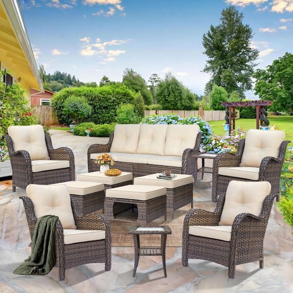 kuurfuurdo Brown 11-Piece Wicker Patio Furniture Set Outdoor Rattan Sofa Lounge Chairs Ottomans and Side Table with Beige Cushions