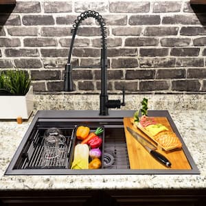 All-in-One Matte Black Finished Stainless Steel 30 in. x 22 in. Single Bowl Drop-in Kitchen Sink with Spring Neck Faucet
