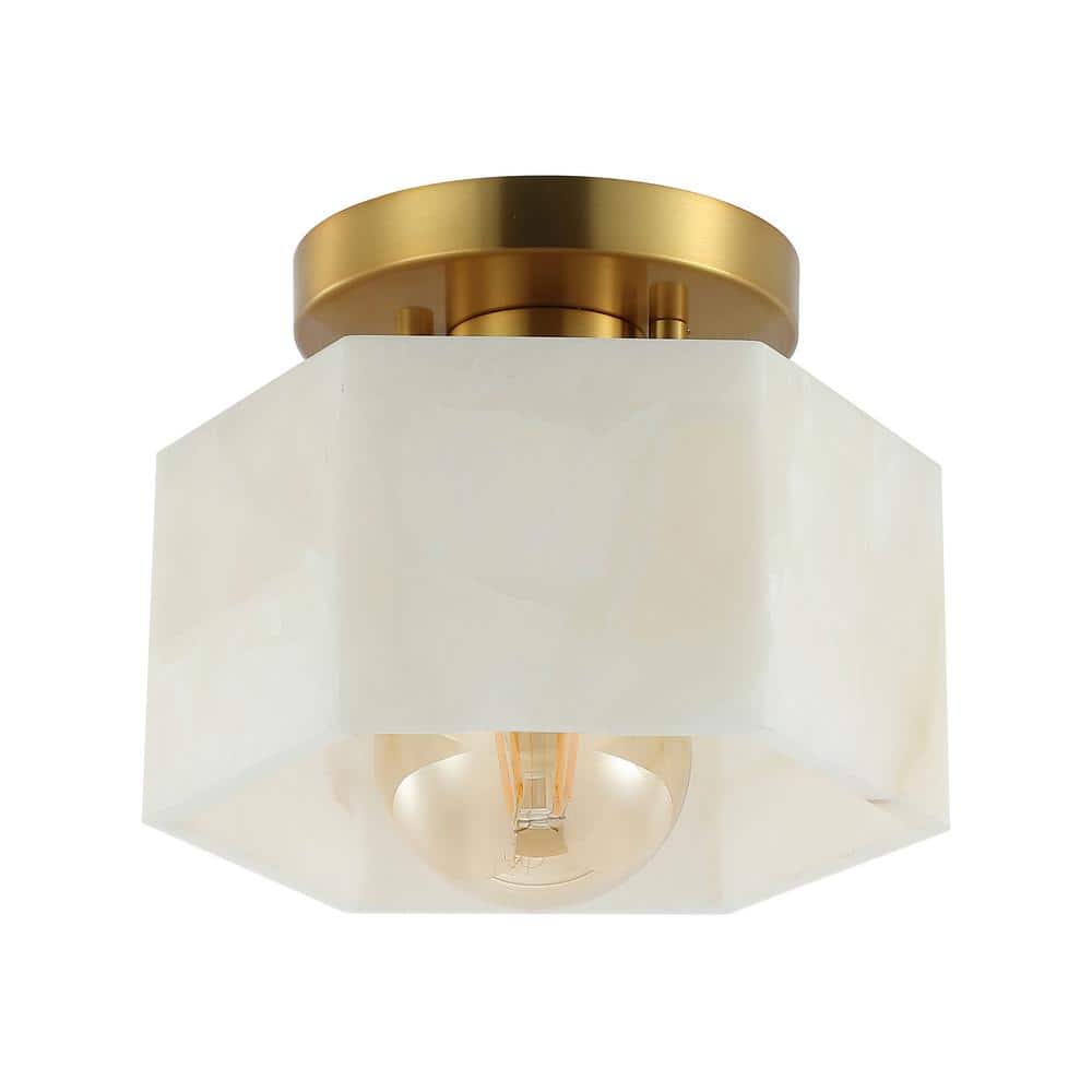 Tessa 8" White Marbling Brass LED Semi Flush Mount Light