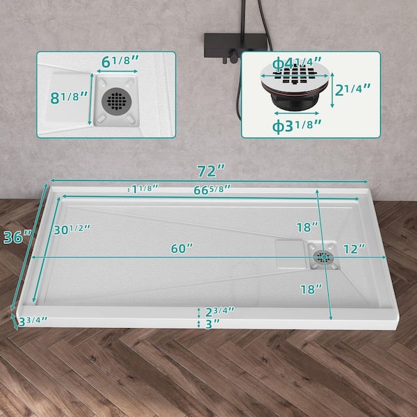 72 in. x 36 in. Single Threshold Alcove Shower Pan Base in White with Right Drain Hole and Magnetic Cover Shower Tray