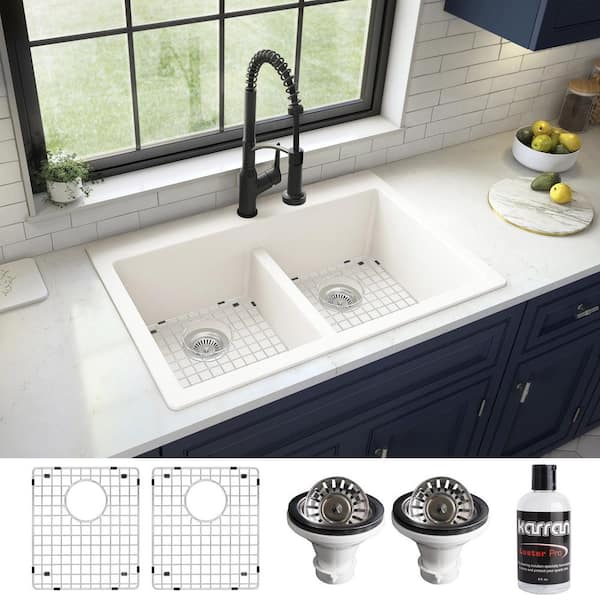 Karran QT-810 Quartz/Granite 33 in. Double Bowl 50/50 Top Mount Drop-in Kitchen Sink in White with Bottom Grid and Strainer