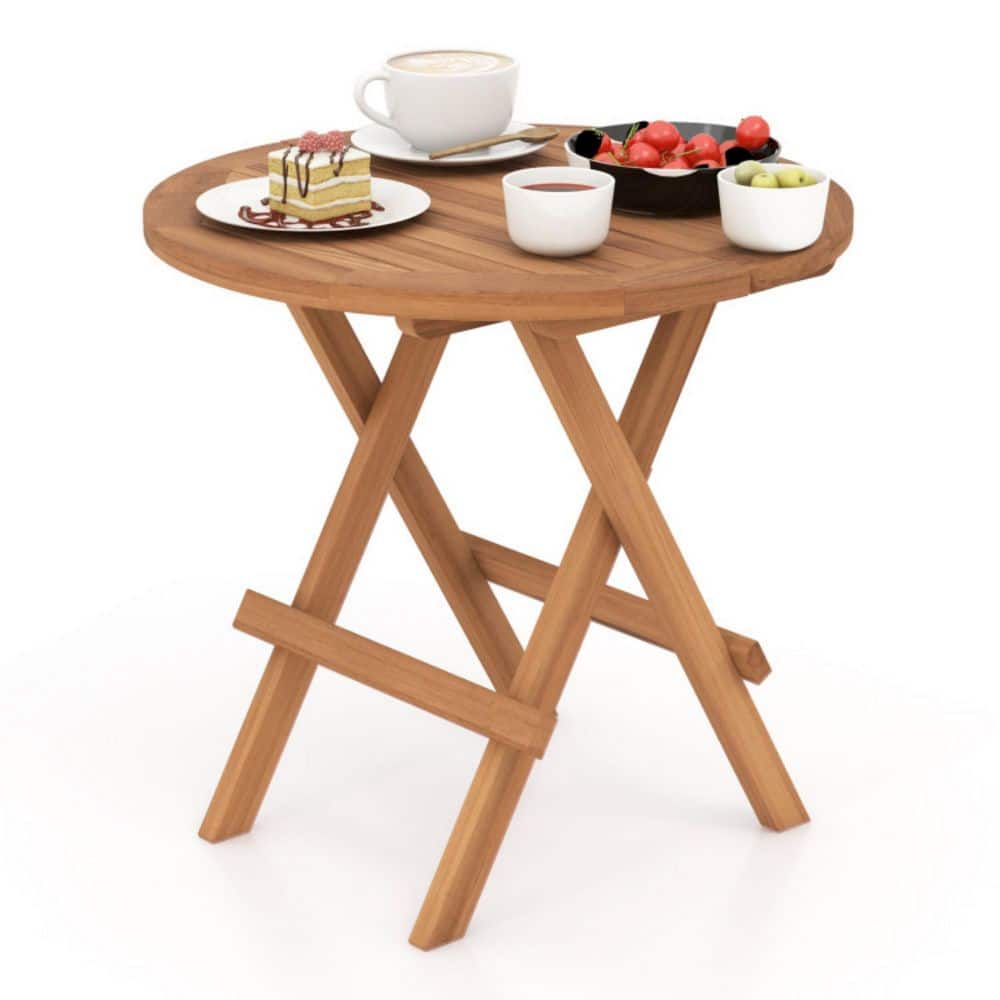 20 in. W Brown Round Folding Teak Side Table Slatted Top End Table with X-Base for Patio, Deck or Porch