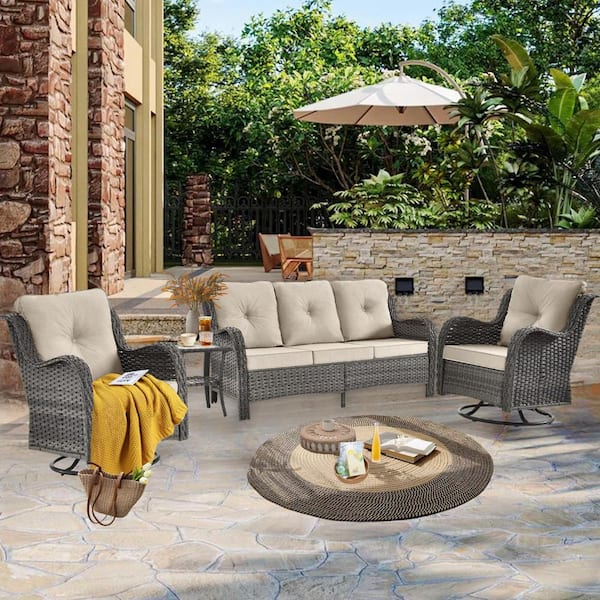 kuurfuurdo Gray 4-Piece Wicker Outdoor Patio Conversation Set 3-Seat Sofa Swivel Rocking Chairs with Beige Cushions and Side Table