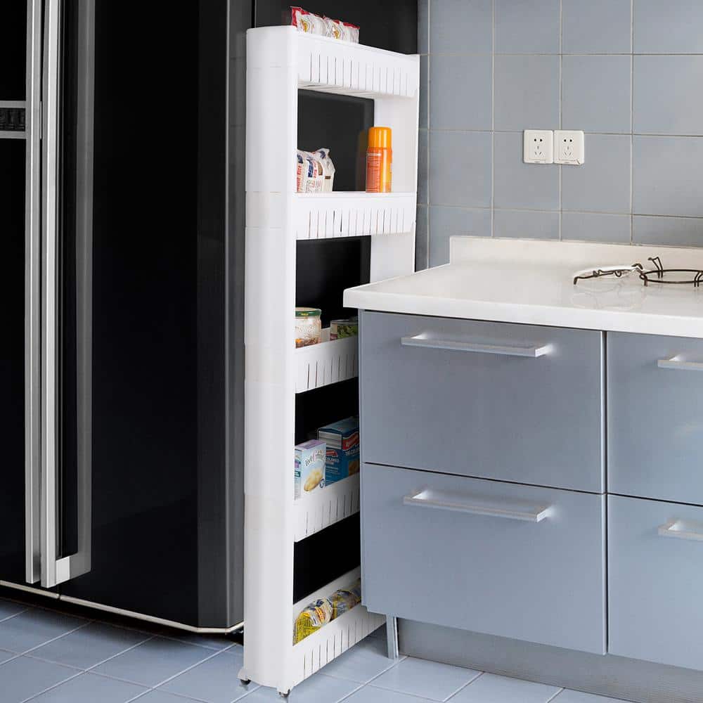 Slim White 5-Tier Slide Out Storage Tower with Wheels