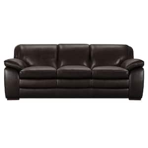 Genuine Dark Brown Leather Contemporary Sofa with Brown Wood Legs