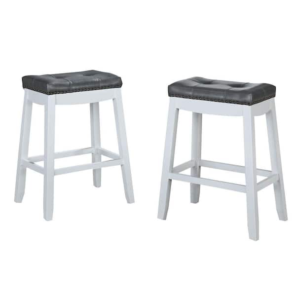 Benjara 24 in. White and Gray Low Back Wood Frame Bar Height stool with Leatherette Seat ((set of 2))