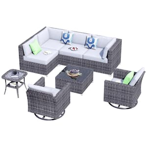Messi Grey 8-Piece Wicker Outdoor Patio Conversation Sofa Seating Set with Swivel Rocking Chairs and Grey Cushions