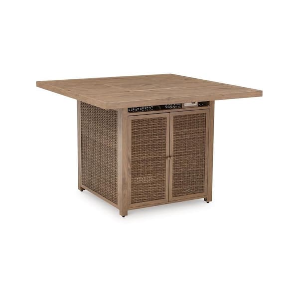 Benjara Walo Brown Square Rattan Wicker Outdoor Fire Pit Bar Table