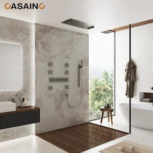 6-Spray Ceiling Mount Thermostatic Shower Systems with Fixed and Handheld Shower Head 2.5 GPM in Brushed Nickel