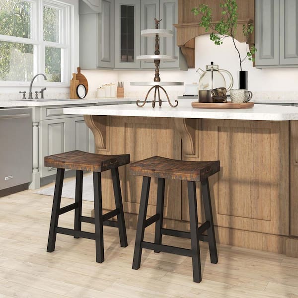 Costway 24 in. Brown Backless Acacia Wood Bar Stool Counter Stool with Wood Seat (Set of 2)