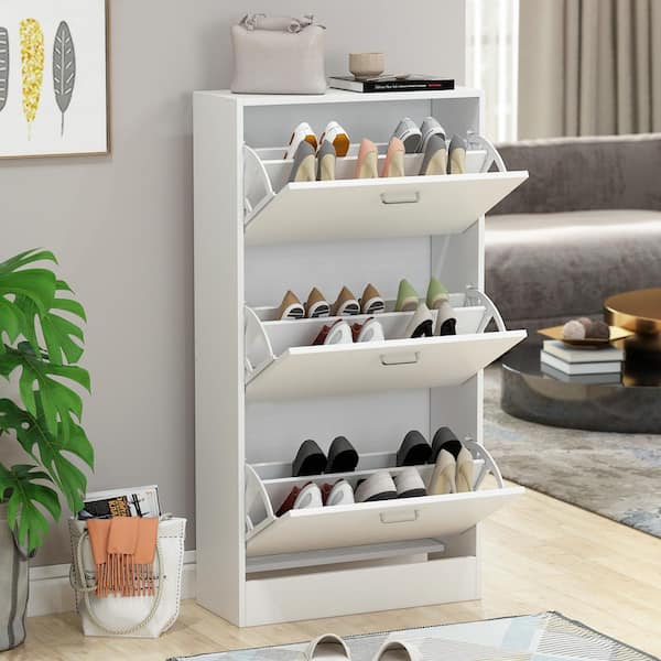 FUFU&GAGA 23.6 in. W x 45.5 in. H White Wood 18-Pair Wood Shoe Storage Cabinet with 6-Foldable Compartments