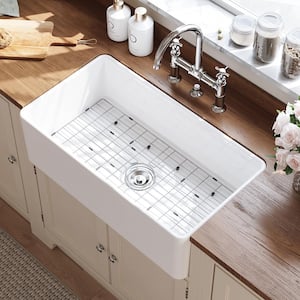 White Fireclay 33 in. Single Bowl Kitchen Sink Farmhouse Apron Front Kitchen Sink with Bottom Grid and Strainer