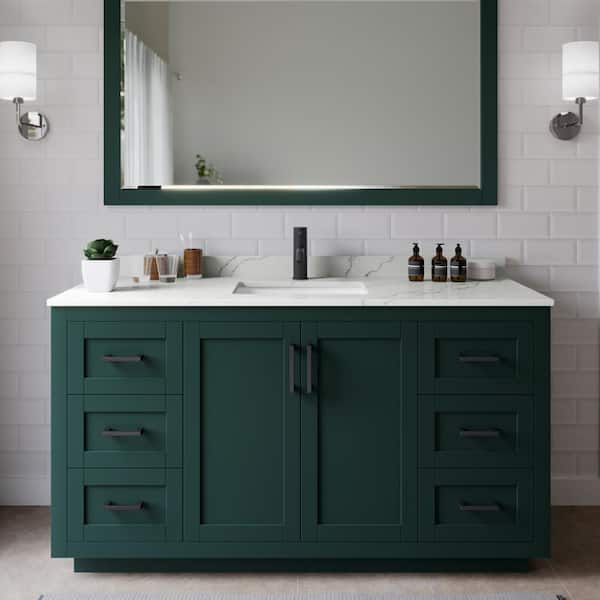 Wyndham Collection Miranda 60 in. W x 22 in. D x 33.75 in. H Single Bath Vanity in Green with Giotto Quartz Top and 58 in. Mirror