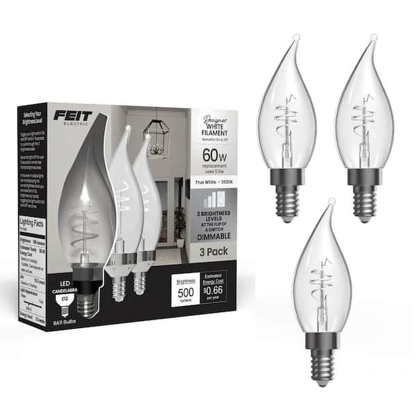 60W Equivalent BA11 E12 Candelabra Switch to Dim White Filament Clear Chandelier LED Light Bulb True White 3500K(3-Pack)