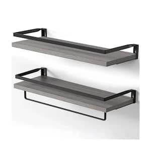 16.5 in. W x 3.2 in. H x 5.9 in. D Solid Wood Rectangular Floating Wall Shelf in Gray with Towel Bar (Set of 2)