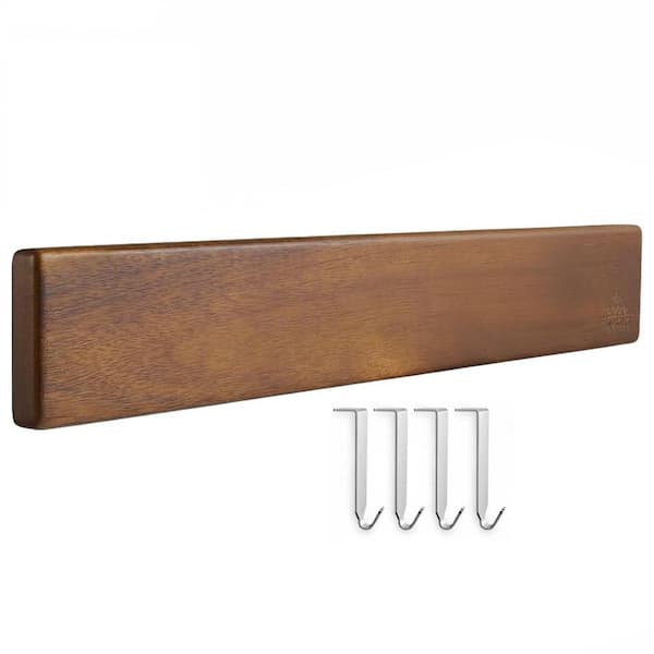 16-Inch Acacia Wood Magnetic Knife Holder Bar with 4 Hooks Wall Mount or Refrigerator Knife Storage Rack