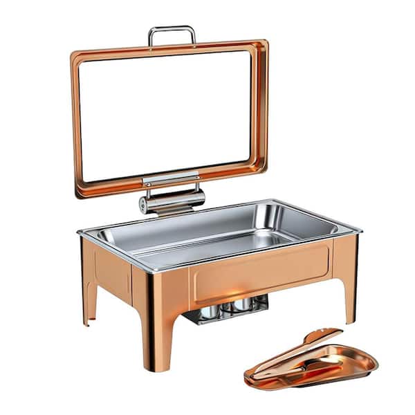 9 qt. Rectangular Rose Gold Stainless Steel Chafing Dish Buffet Set with Serving Tong