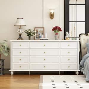 White Wooden 63 in. Width Wooden 12 Drawer Dresser, Storage Cabinet Console with Wooden Legs, European Style