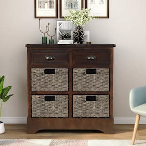 Rustic Espresso Wooden Storage Cabinet Console Table with 2-Drawers and 4-Rattan Basket for Dining Room and Entryway