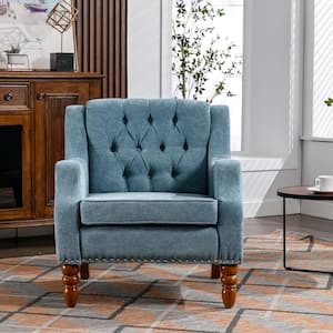24.8 in. Wide Linen Button Tufted Upholstered Armchair, Accent Chair with Vintage Brass Studs, Blue