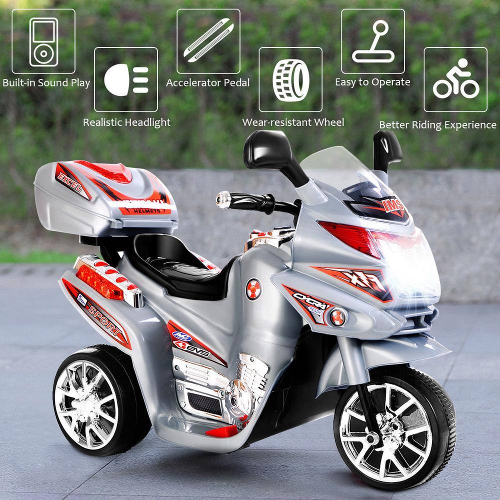 Gray 6V Plastic Kids Ride-On Motorcycle with Storage