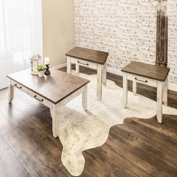 Bear Creek 28 in. Brown and White Rectangle Wood Coffee Table and 2-End Tables