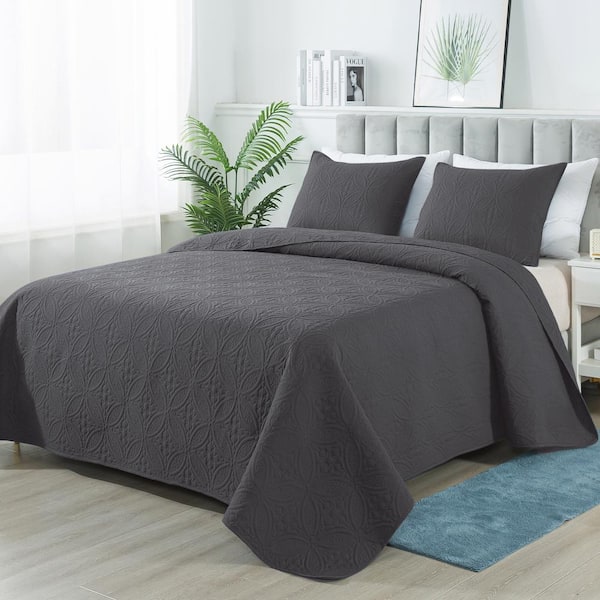 JEAREY 3-Piece Dark Gray Modern Microfiber Full/Queen-Quilt-Set Quilt Set