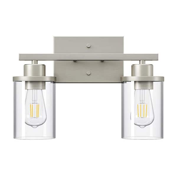 13.19 in. 2-Light Brushed Nickel Vanity Light with Clear Glass Shade