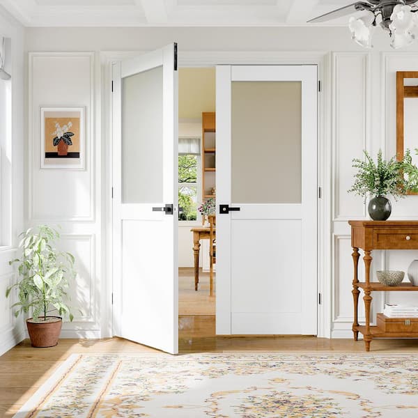 TENONER 60 in. x 80 in. Top Frosted Glass Primed Wood Doors