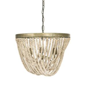3-Light Gold-Washed Metal Pendant Light with Wood Beads in Cream
