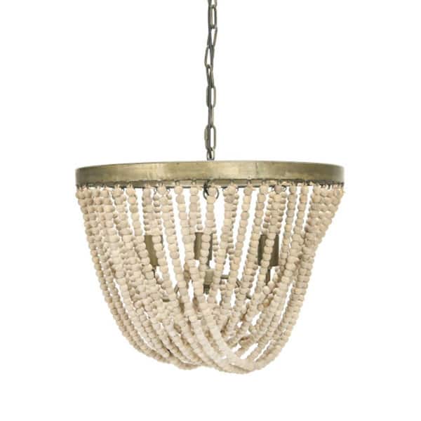 3R Studios 3-Light Gold-Washed Metal Pendant Light with Wood Beads in Cream