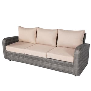 Penny Grey Wicker Outdoor Chaise Lounge with Beige Cushions