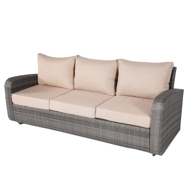 Penny Grey Wicker Outdoor Chaise Lounge with Beige Cushions