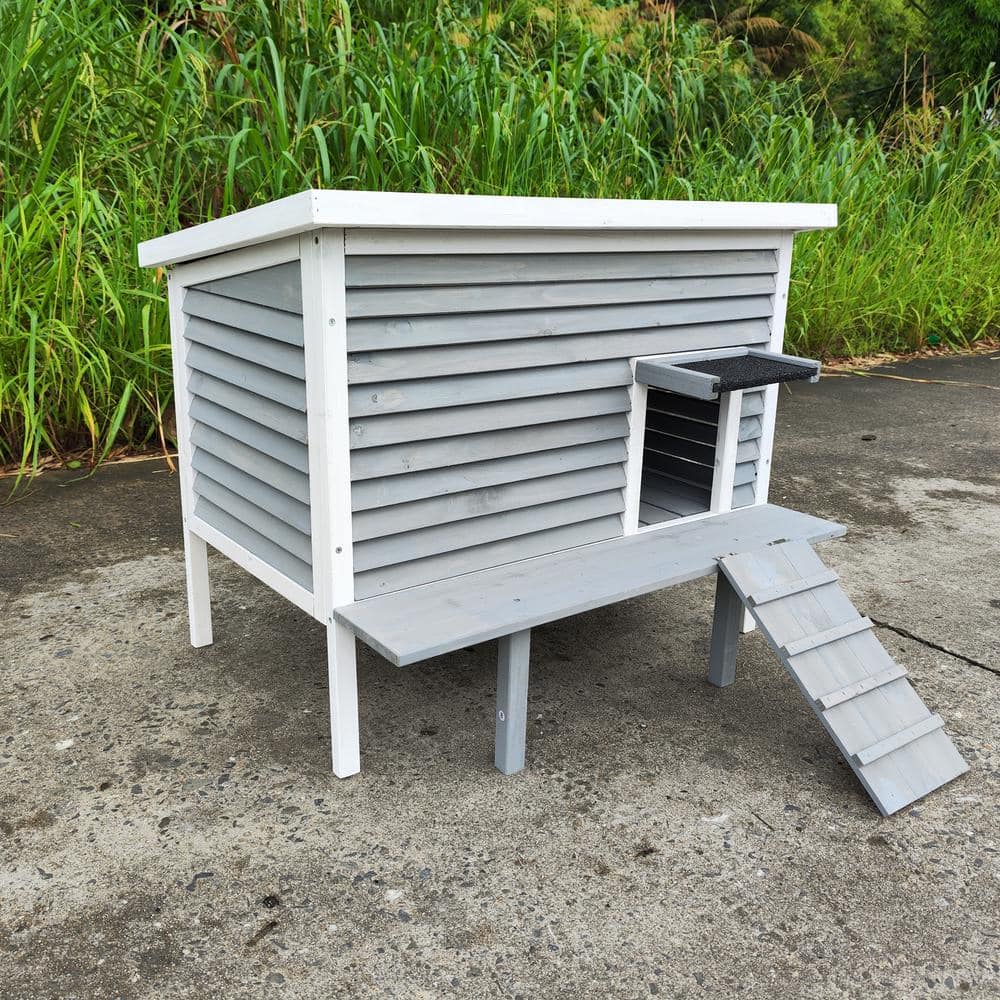 Gray and White Wooden Outdoor Cat House with Escape Door