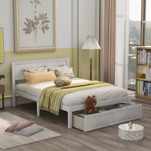 57 in.W White Wood Frame Full Size Bed with Storage Drawers, Full Size Platform Bed, Wooden Platform Storage Bed