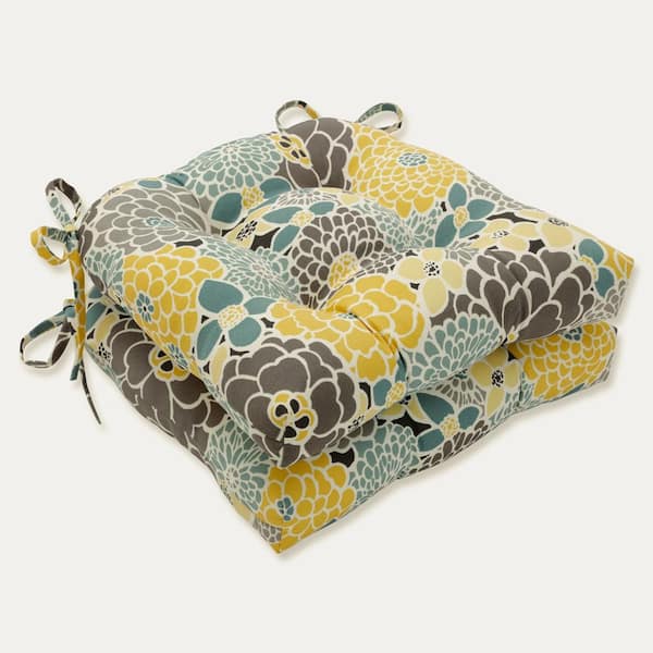 Pillow Perfect Floral 17.5 x 17 Outdoor Dining Chair Cushion in Blue/Tan (Set of 2)