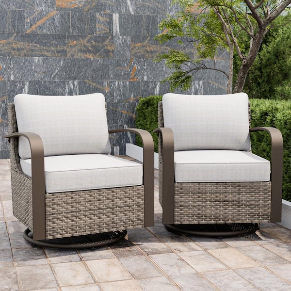 Outdoor Swivel Wicker Outdoor Rocking Chair with Beige Cushion (Set 2-Pack)