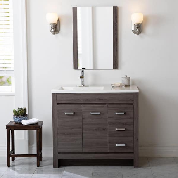 Home Decorators Collection Warford 36 in. W x 19 in. D x 33 in. H Single Sink Freestanding Bath Vanity in Dark Oak with White Cultured Marble Top