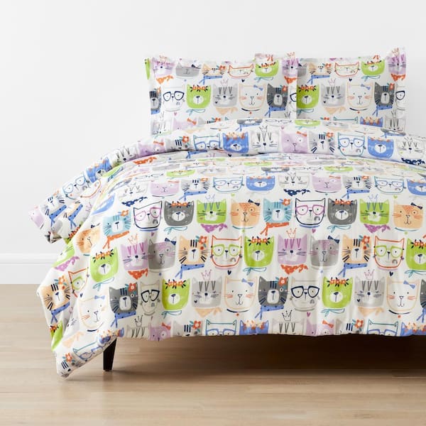 Company Kids Stylish Cats White Multi Full/Queen Organic Cotton Percale Duvet Cover Set