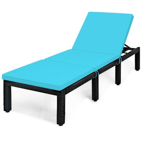FORCLOVER 1-Piece Wicker Patio Outdoor Chaise Lounge Height Adjustable Lounge Chair with Blue Cushion