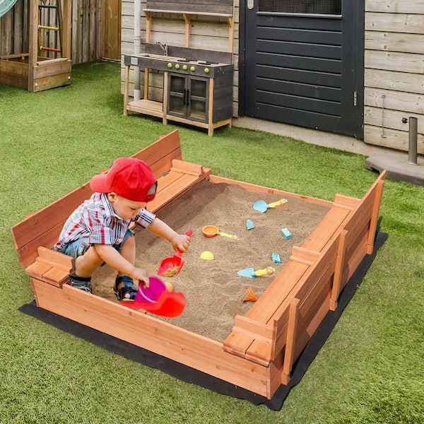 SKYSHALO Wooden Sandbox, 4 ft. W x 4 ft. L Wooden Square Sandbox