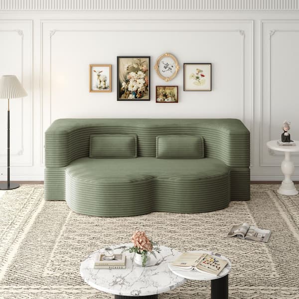 78 in Wide Straight Arm Corduroy Modern Rectangle Reclining Sofa with 2 Pillows in Green